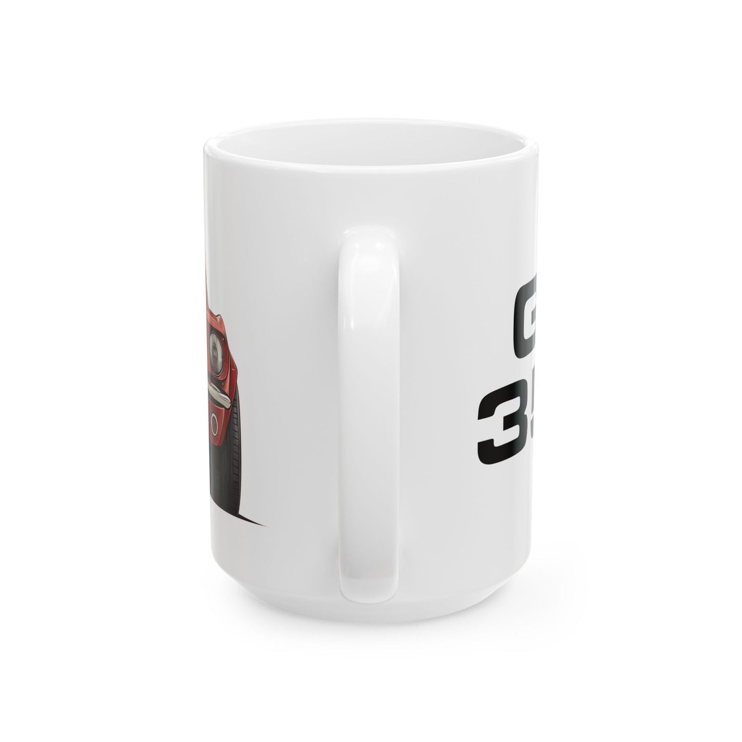 Mug handle view of 15oz White Coffee Mug with a red Ford GT350 with the text G.T. 350 placed beside the car.