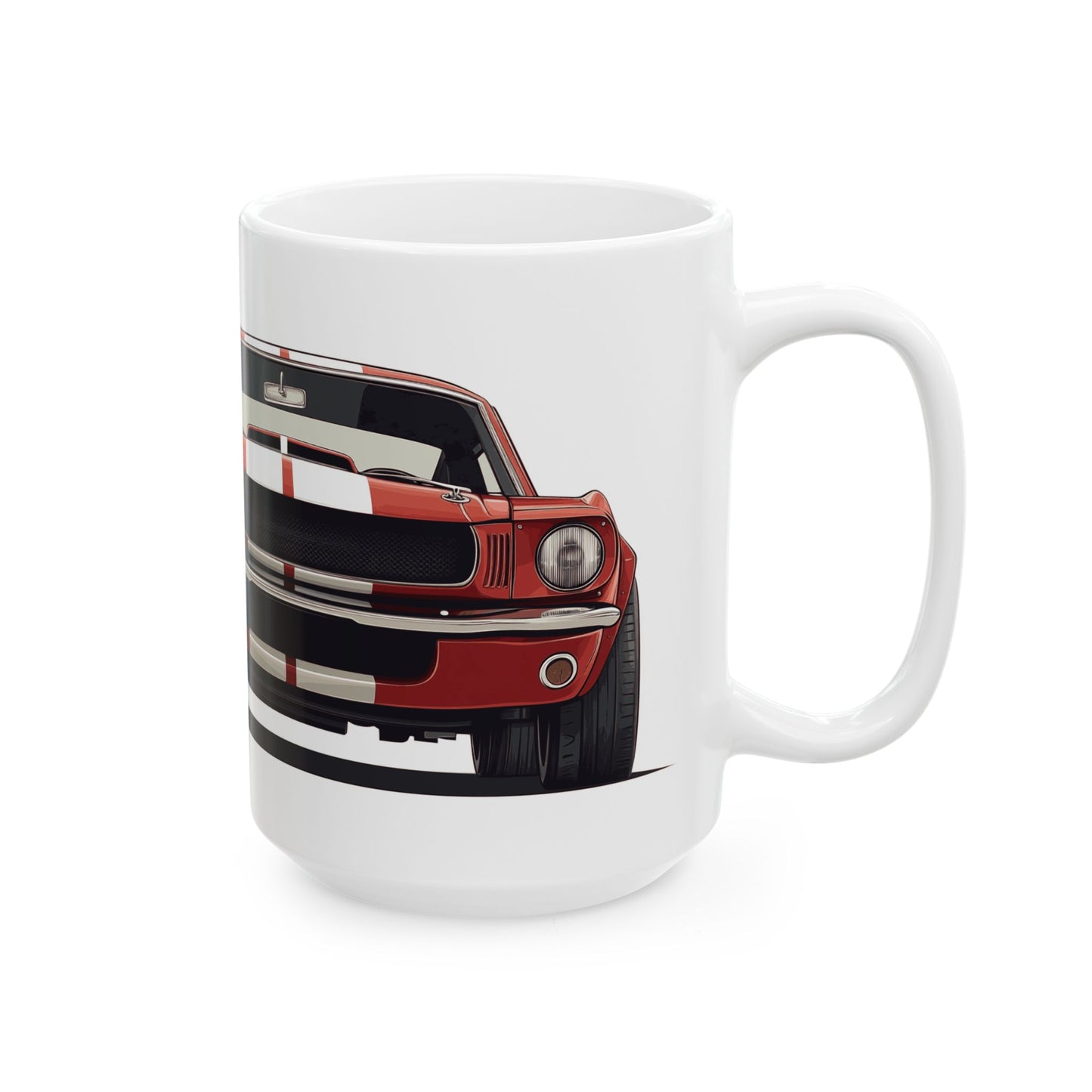 Right side view of the 15oz White Coffee Mug with a red Ford GT350 with the text G.T. 350 placed beside the car.