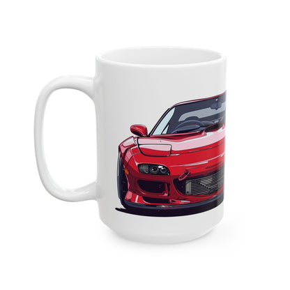 Left side view of the 15oz White Coffee Mug with a Mazda RX-7 with the RX-7 emblem placed behind the car.  