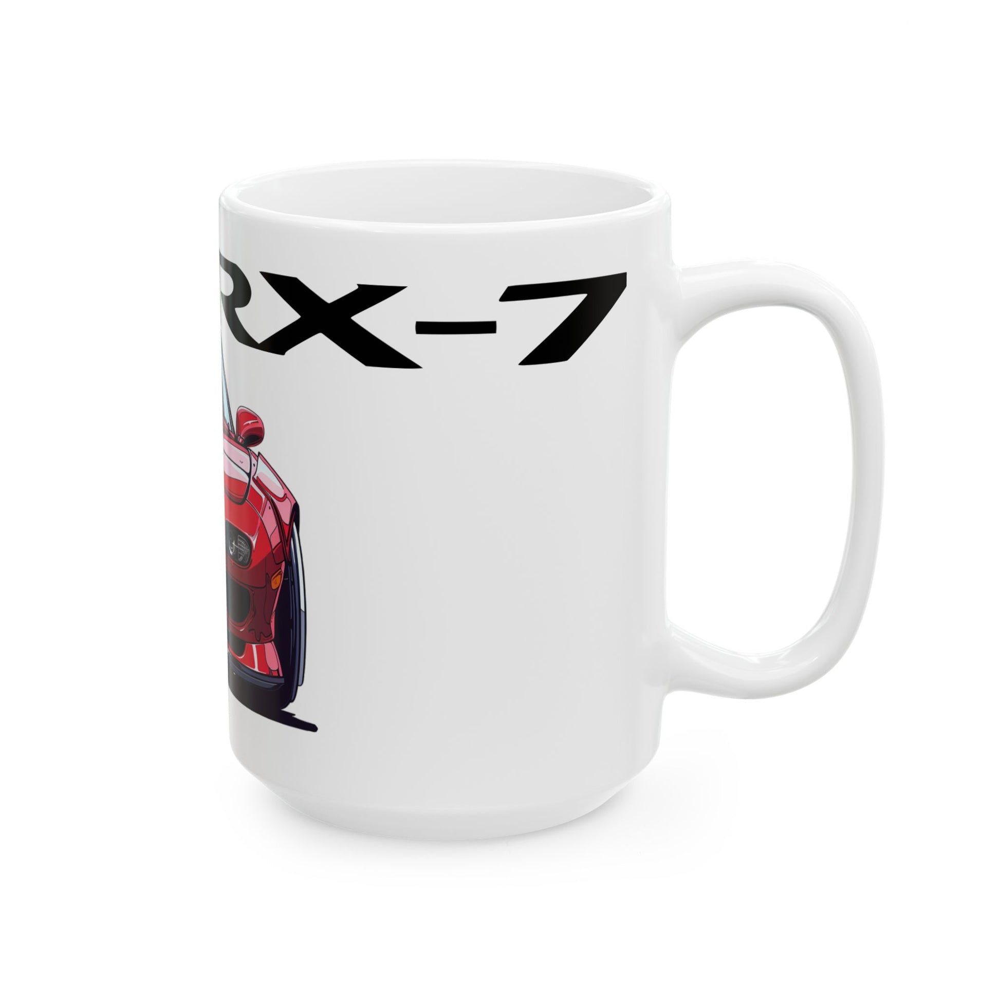 Right side view of the 15oz White Coffee Mug with a Mazda RX-7 with the RX-7 emblem placed behind the car.  