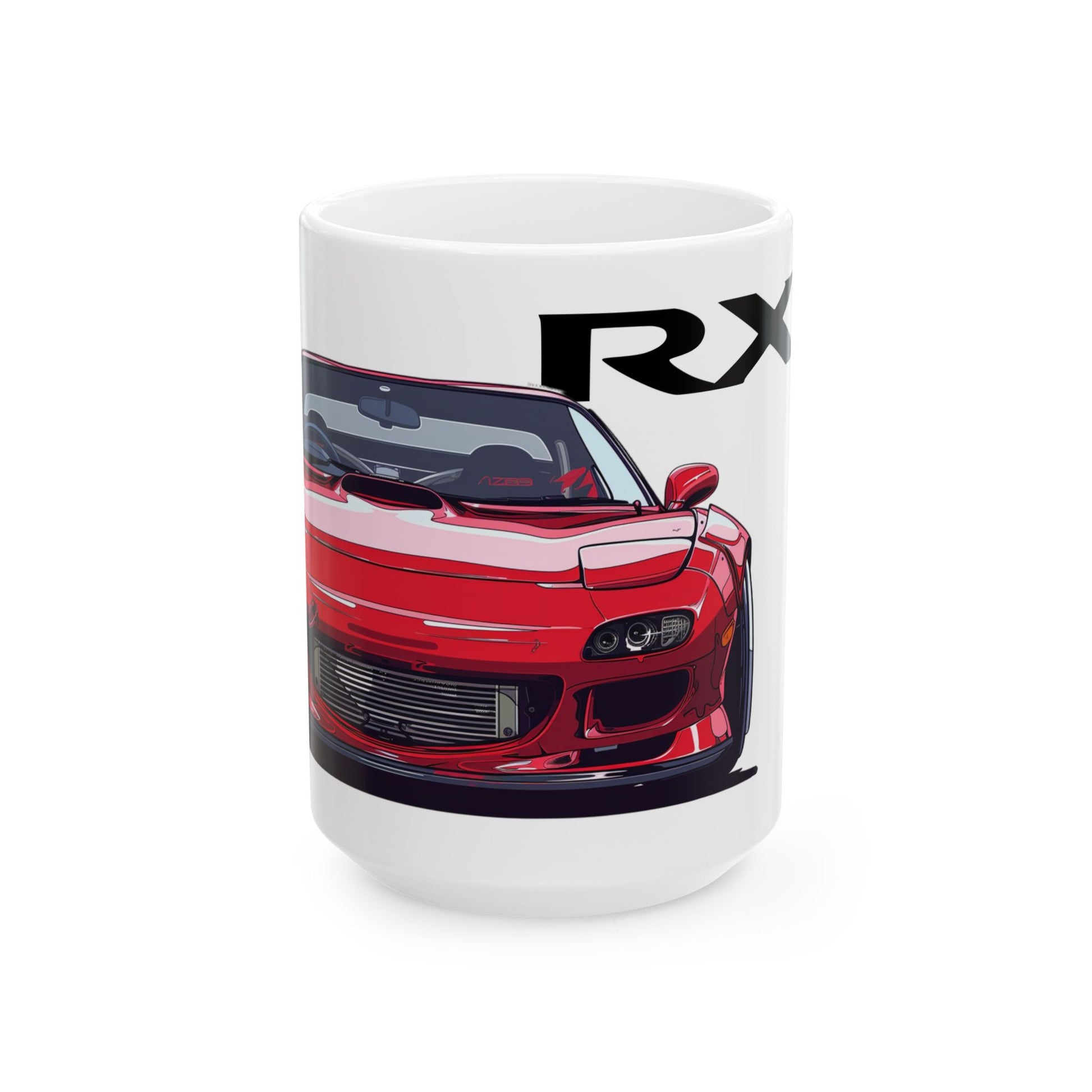 15oz White Coffee Mug with a Mazda RX-7 with the RX-7 emblem placed behind the car.   