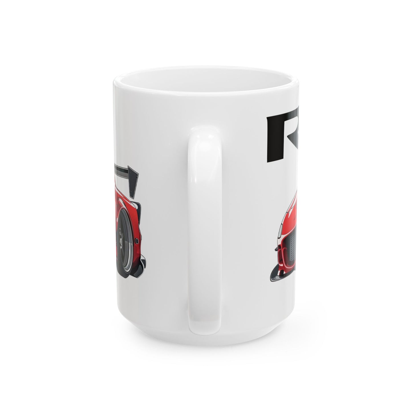 Mug handle view of 15oz White Coffee Mug with a Mazda RX-7 with the RX-7 emblem placed behind the car.   