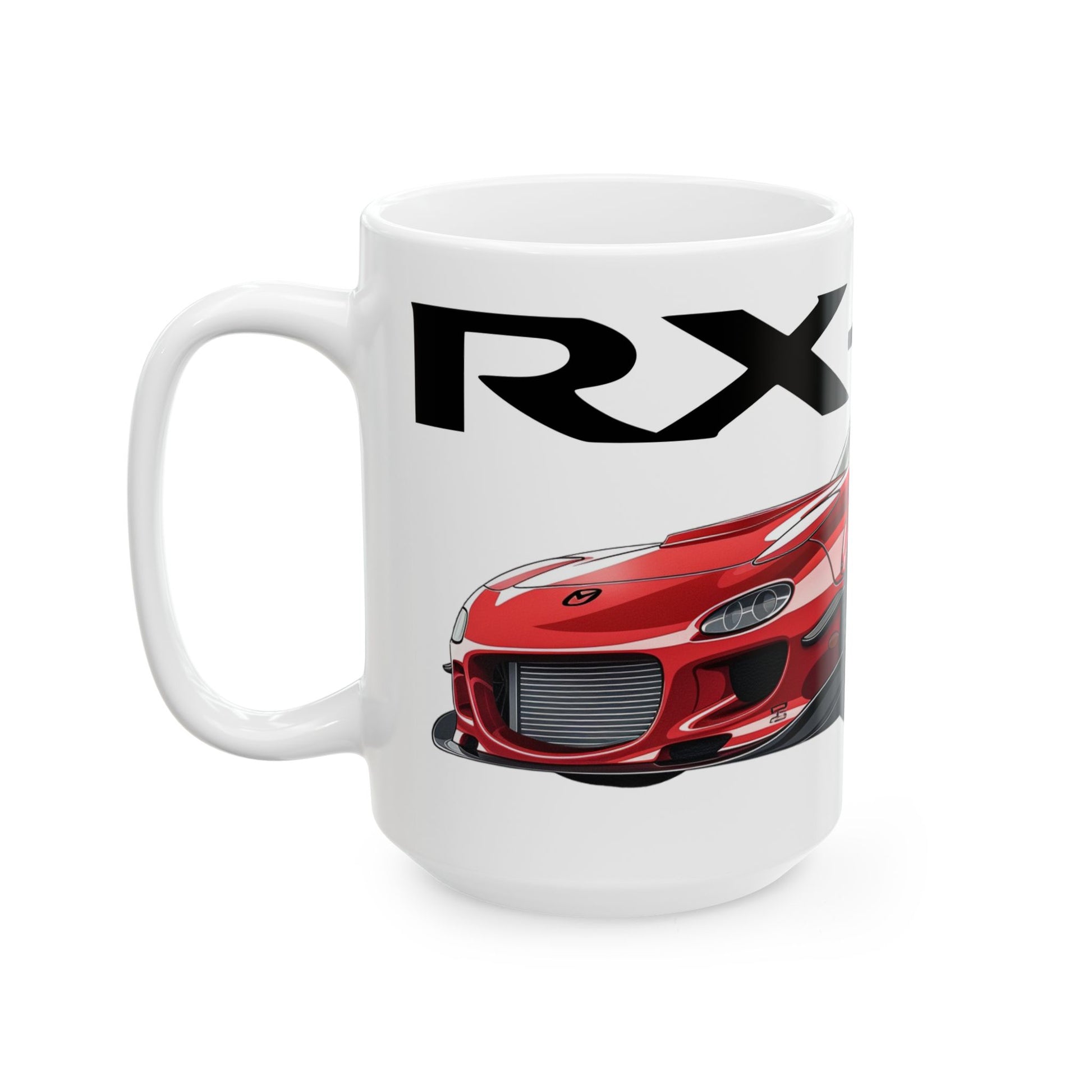 Left side view of the 15oz White Coffee Mug with a Mazda RX-7 with the RX-7 emblem placed behind the car.  