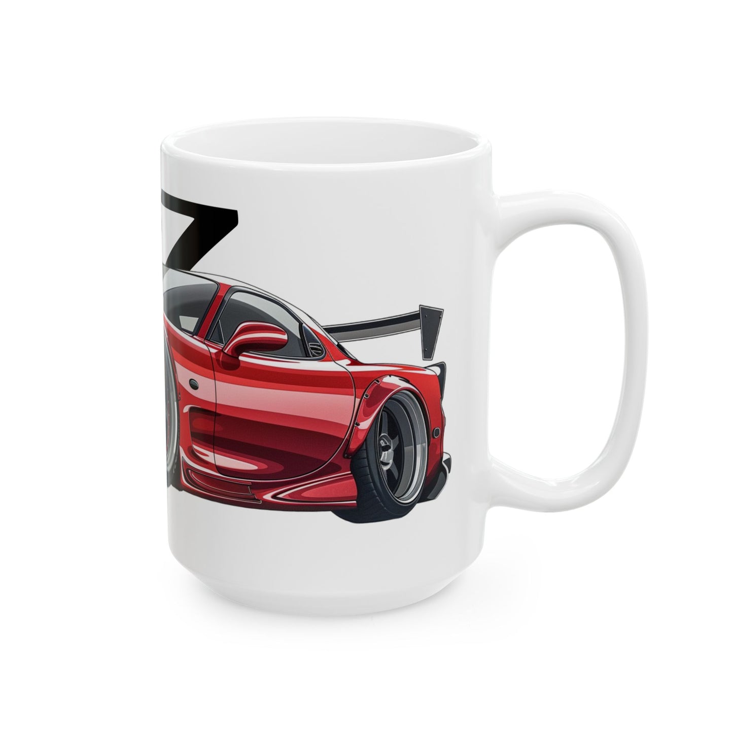 Right side view of the 15oz White Coffee Mug with a Mazda RX-7 with the RX-7 emblem placed behind the car.  