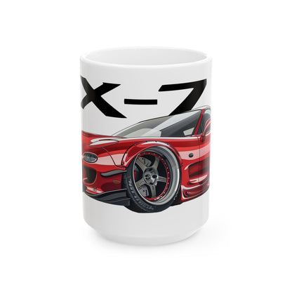 15oz White Coffee Mug with a Mazda RX-7 with the RX-7 emblem placed behind the car.   