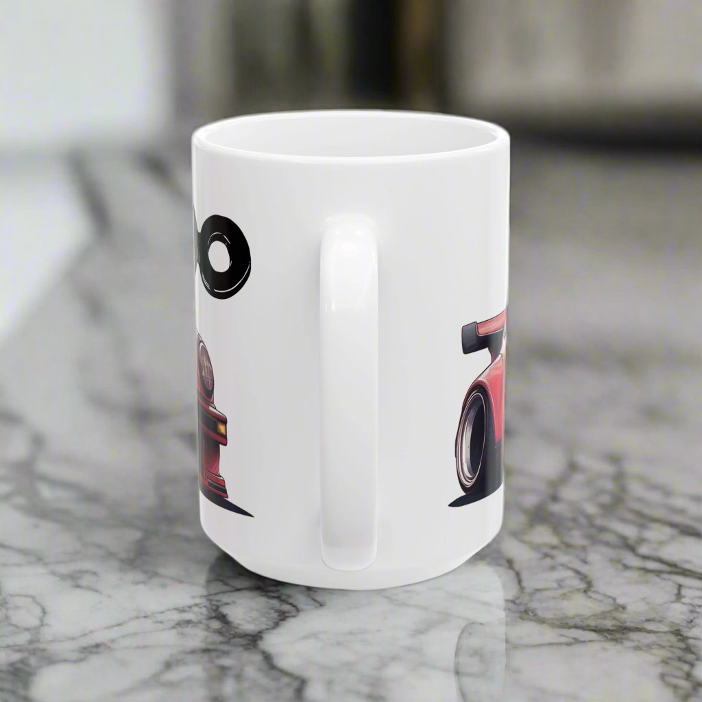 Mug handle view of 15oz White Coffee Mug with a red Porsche 930 with the text 'turbo' placed behind the car. 