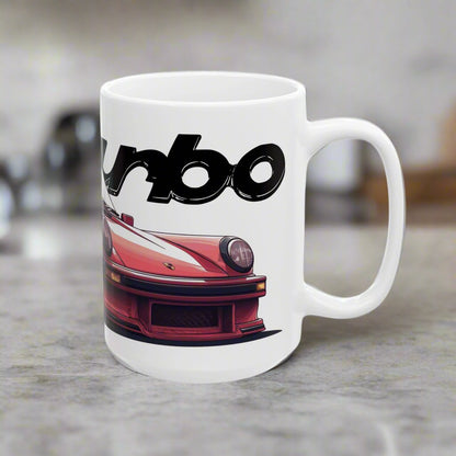 Right side view of the 15oz White Coffee Mug with a red Porsche 930 with the text 'turbo' placed behind the car. 