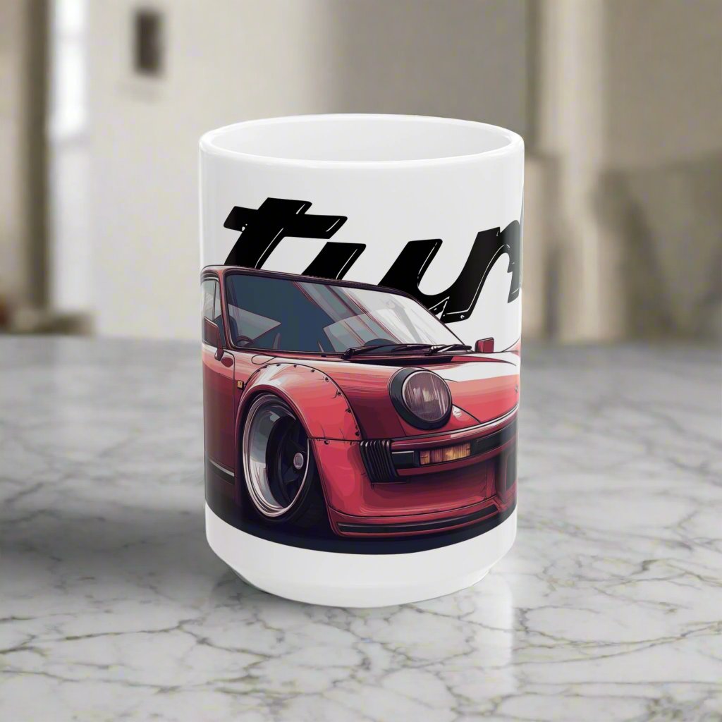 15oz White Coffee Mug with a red Porsche 930 with the text 'turbo' placed behind the car. 