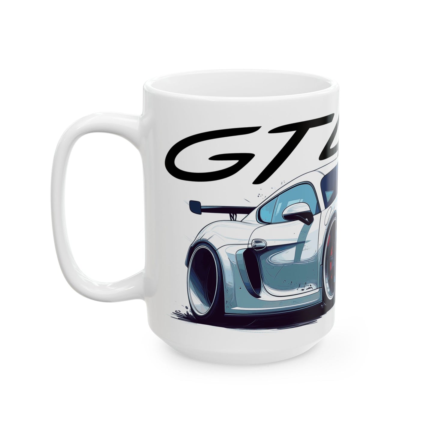 Left side view of the 15oz White Coffee Mug with a Porsche Cayman GT4 RS with the GT4RS emblem placed above the car. 