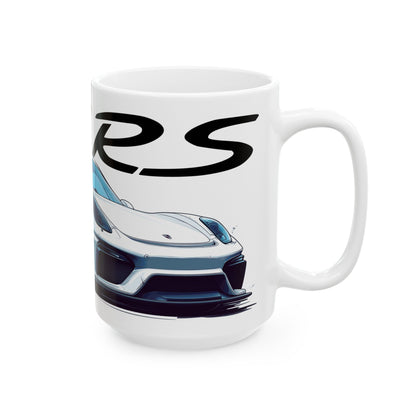 Right side view of the 15oz White Coffee Mug with a Porsche Cayman GT4 RS with the GT4RS emblem placed above the car. 