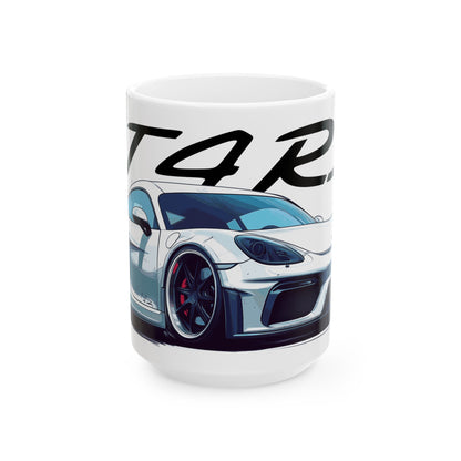 15oz White Coffee Mug with a Porsche Cayman GT4 RS with the GT4RS emblem placed above the car.   