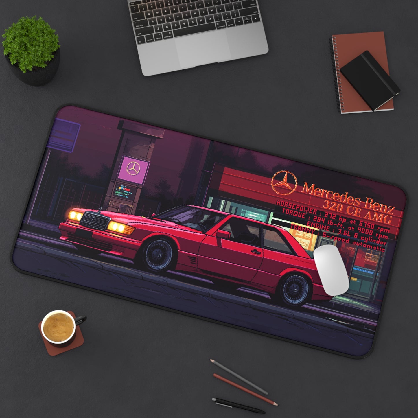 15.5 inch by 31 inch Mercedes-Benz 320 CE AMG Deskmat on a desk with mouse placed on top