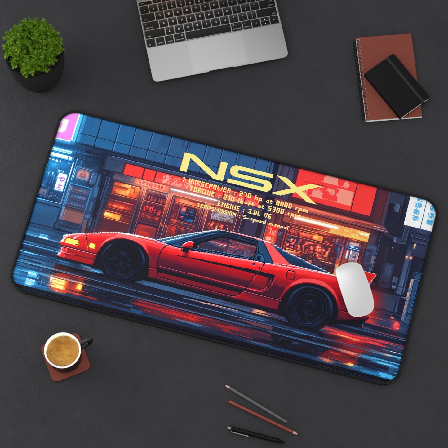 15.5 inch by 31 inch First Gen acura NSX Deskmat on a desk with mouse placed on top