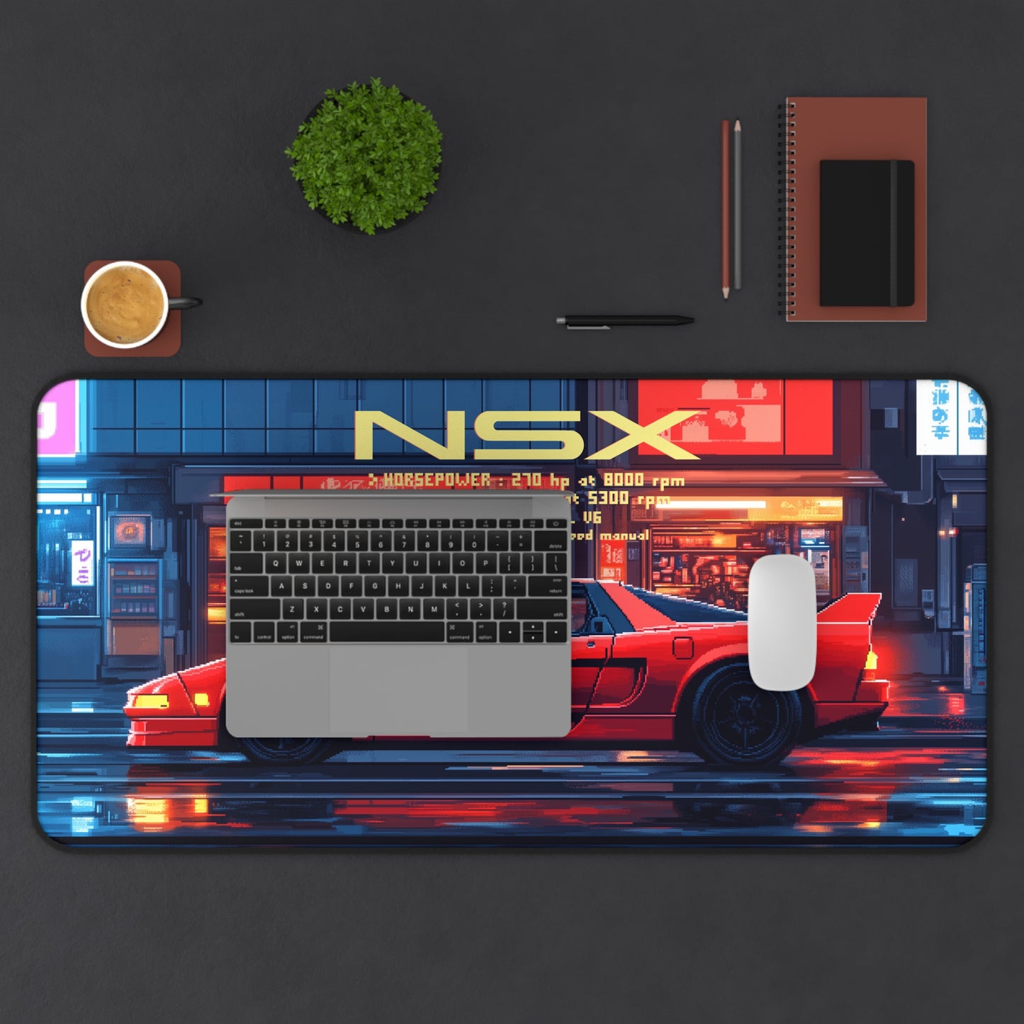 15.5 inch by 31 inch First Gen acura NSX Deskmat on a desk with laptop and mouse placed on top