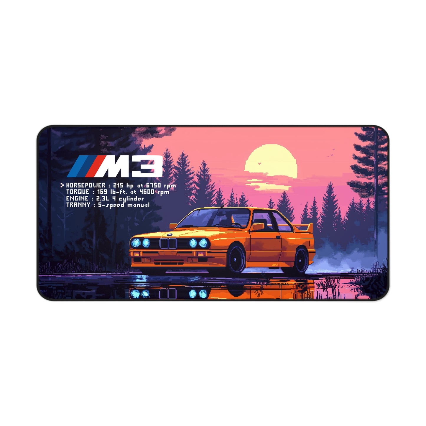 15.5 by 31 inch Top view of the Retro BMW M3 E30 deskmat showing the entire car graphic across the mat.