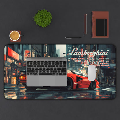 15.5 inch by 31 inch Lamborghini Countach Deskmat on a desk with laptop and mouse placed on top