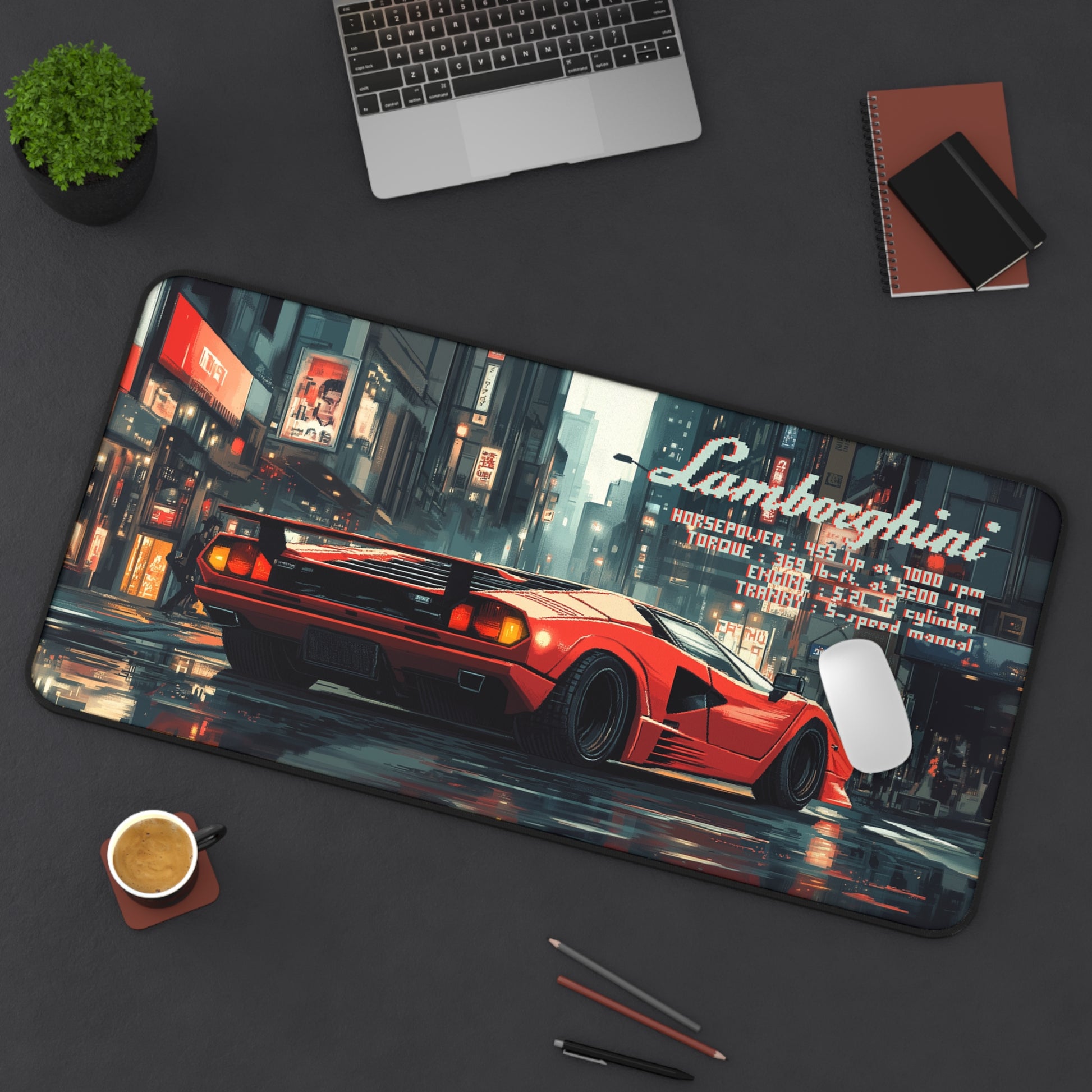 15.5 inch by 31 inch Lamborghini Countach Deskmat on a desk with mouse placed on top