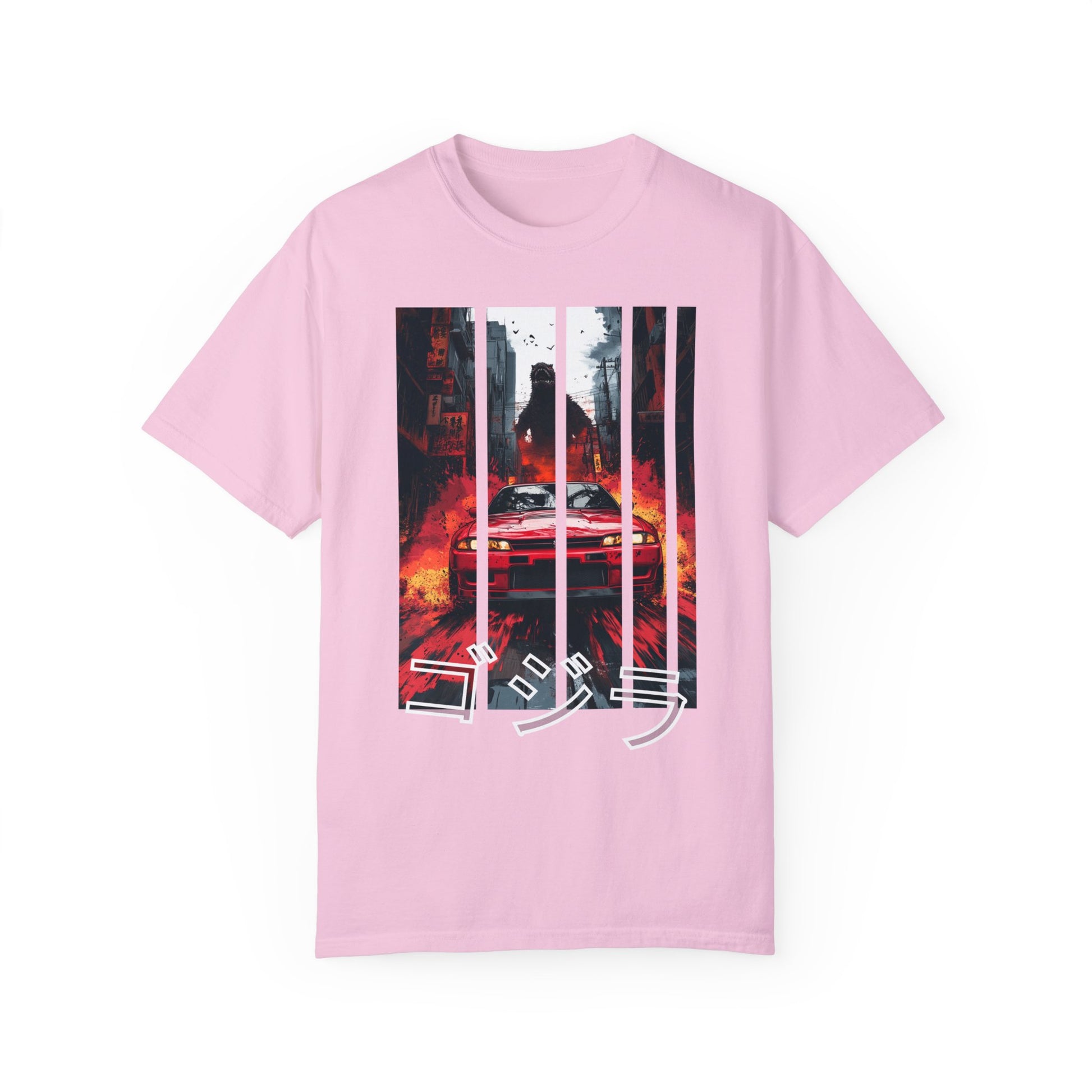 Light pink Godzilla T-shirt featuring bold Nissan GT-R print