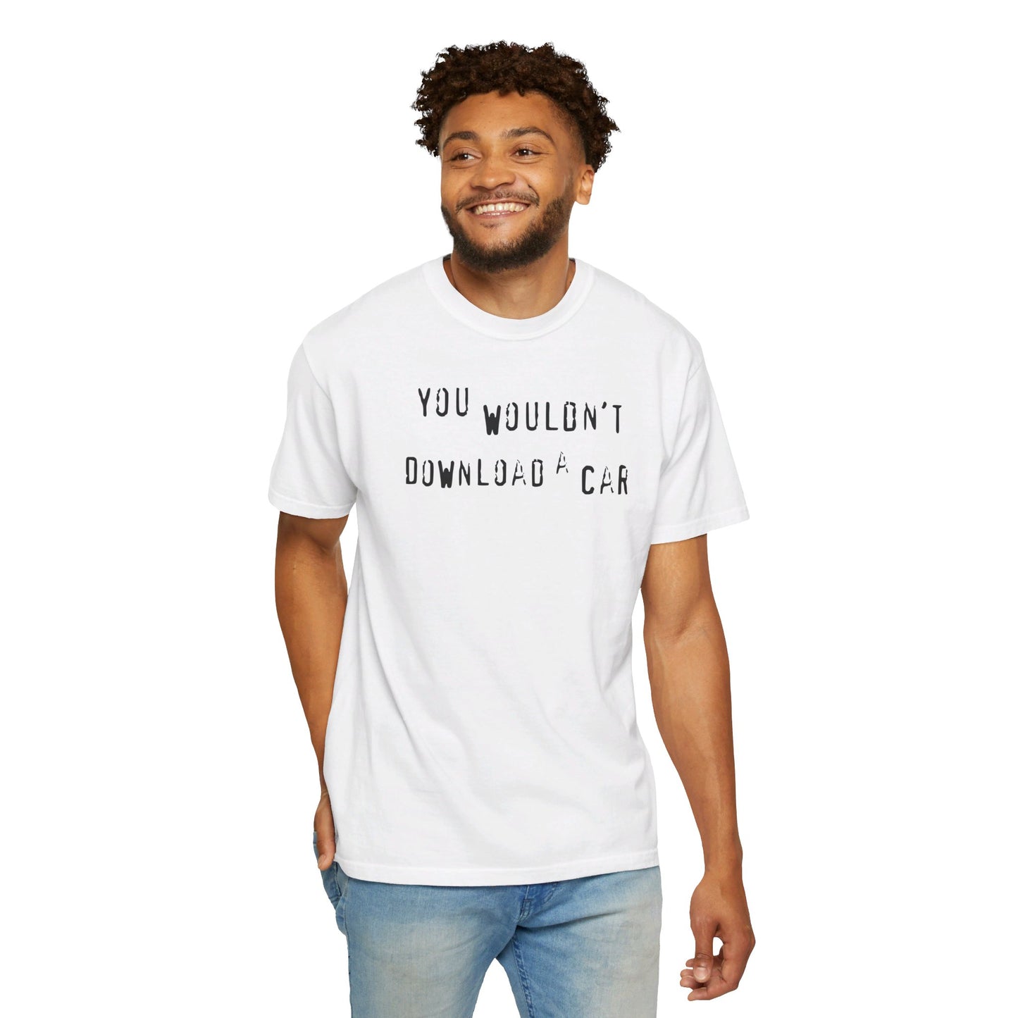 Model wearing white You Wouldn't Download A Car T-shirt