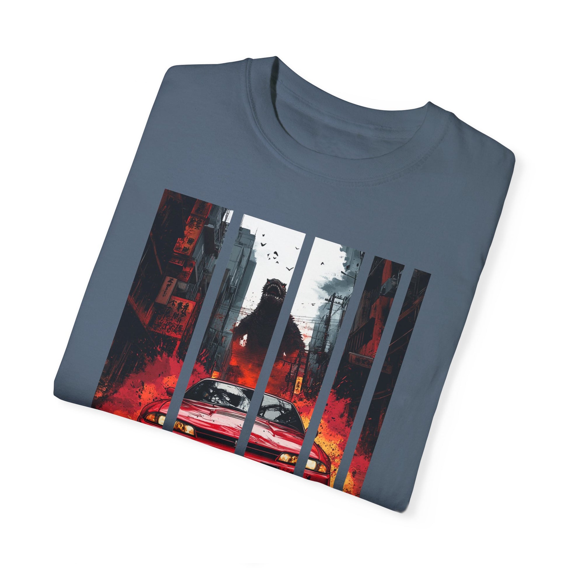 Folded blue Godzilla T-shirt with Nissan GT-R design