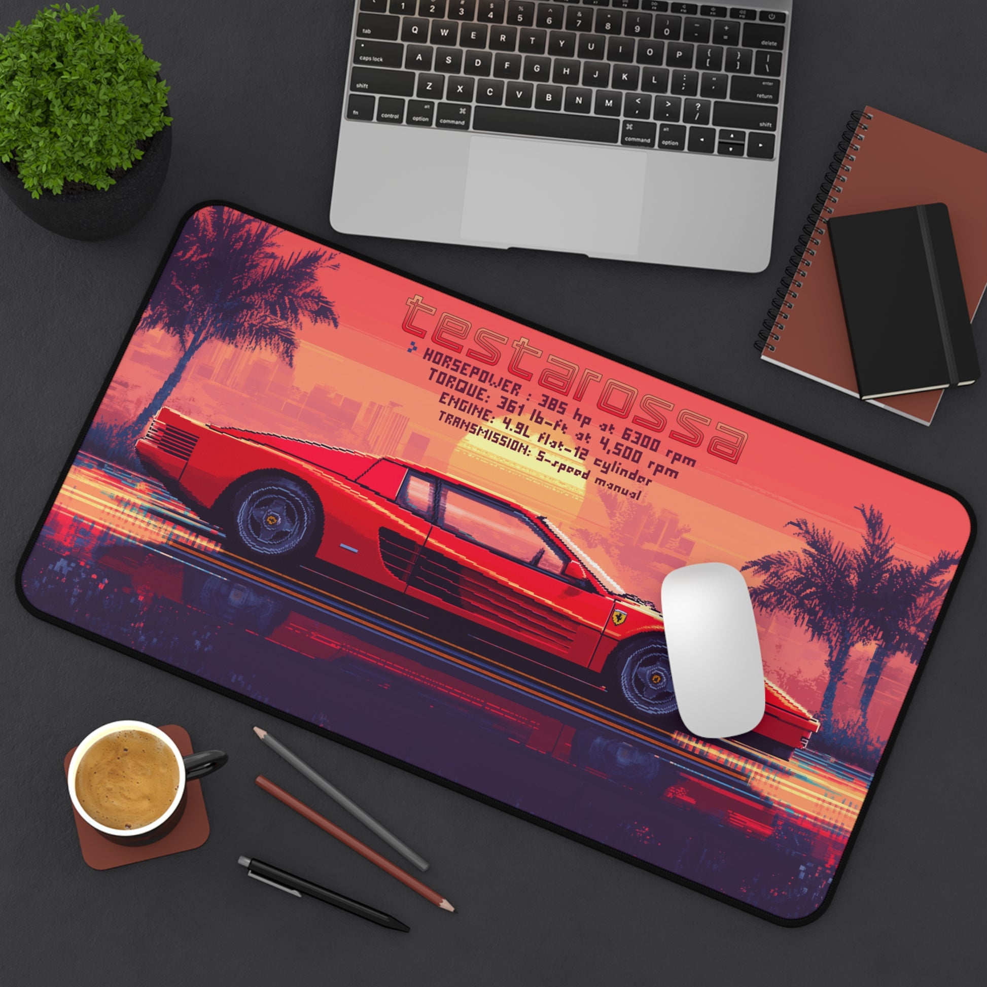 12 inch by 22 inch Ferrari Testarossa  Deskmat on a desk with mouse placed on top