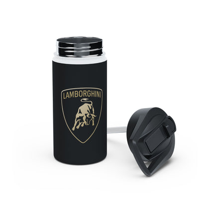 Front view of the 12oz Lamborghini stainless steel water bottle with the lid off.