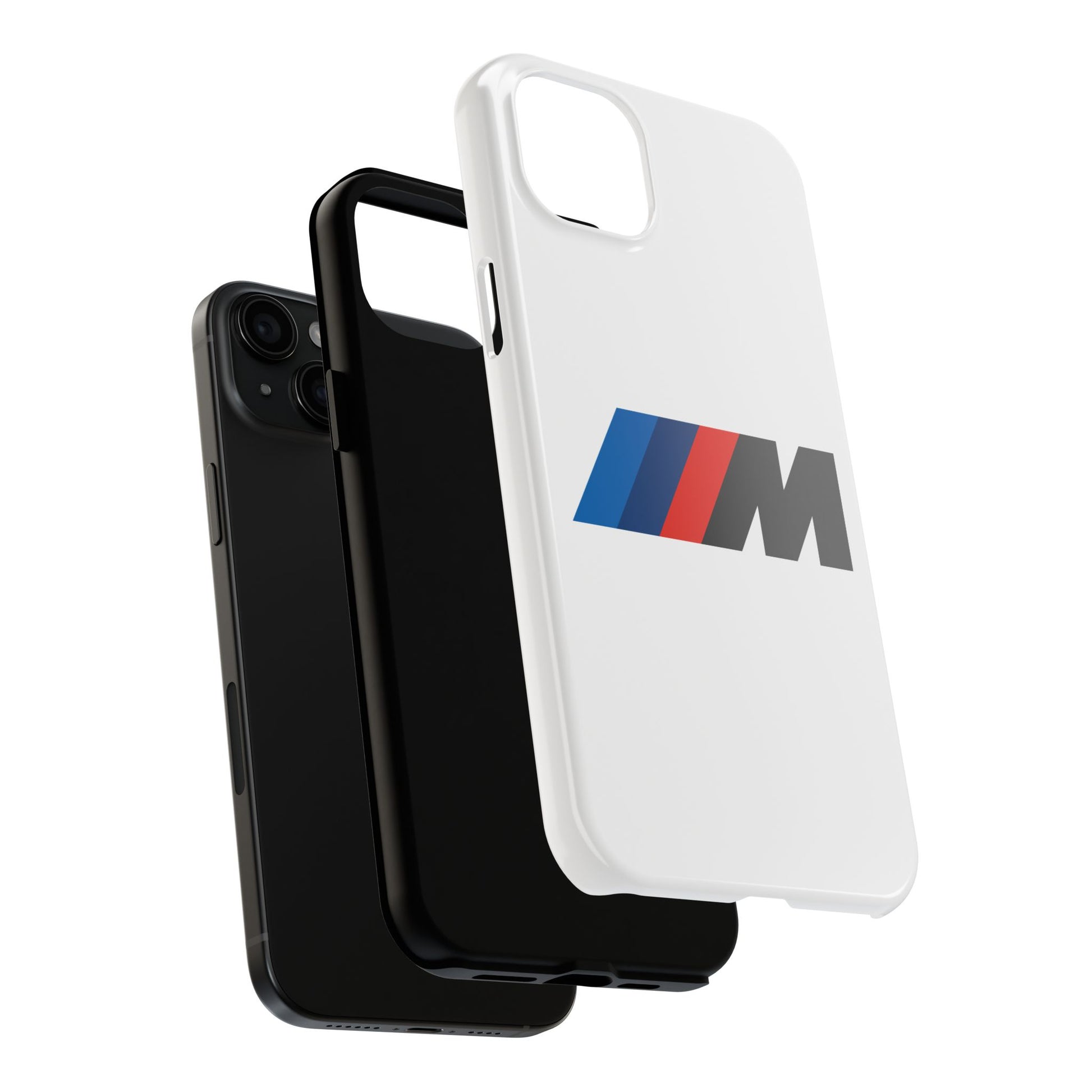 Exploded view of the White iPhone 15 Plus BMW M phone case.