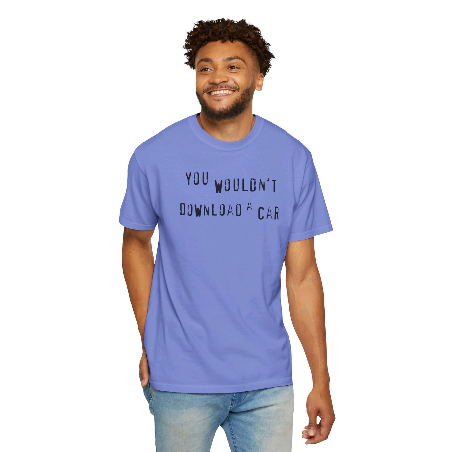 Model wearing blue You Wouldn't Download A Car T-shirt