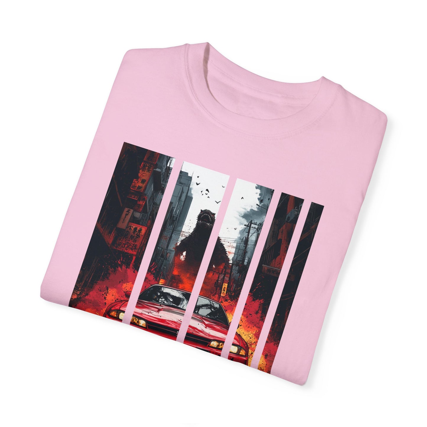 Folded light pink Godzilla T-shirt with Nissan GT-R design