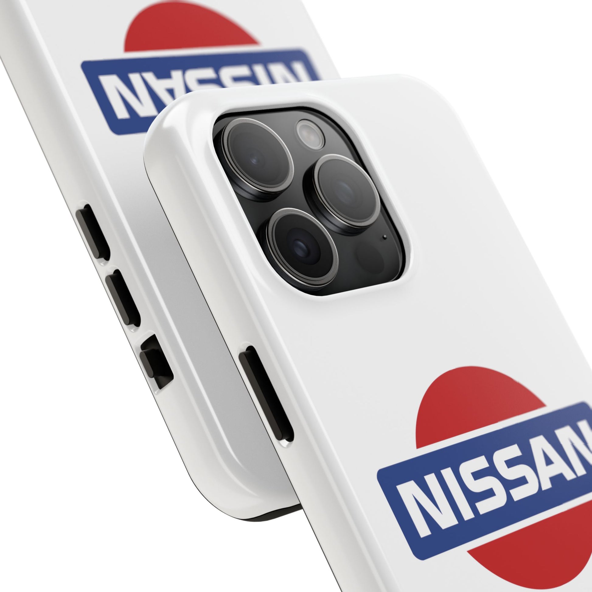 Back view of the White iPhone 15 Pro Max Vintage Nissan phone case.