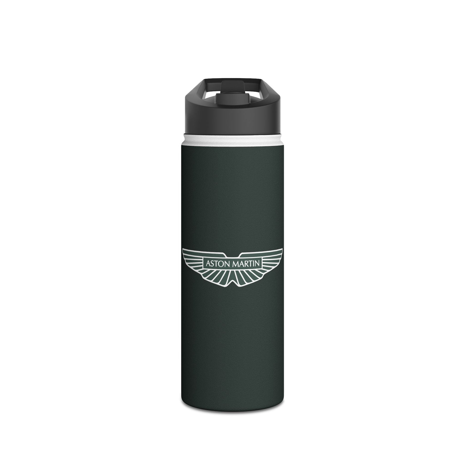 Front view of the 18oz Aston Martin stainless steel water bottle.