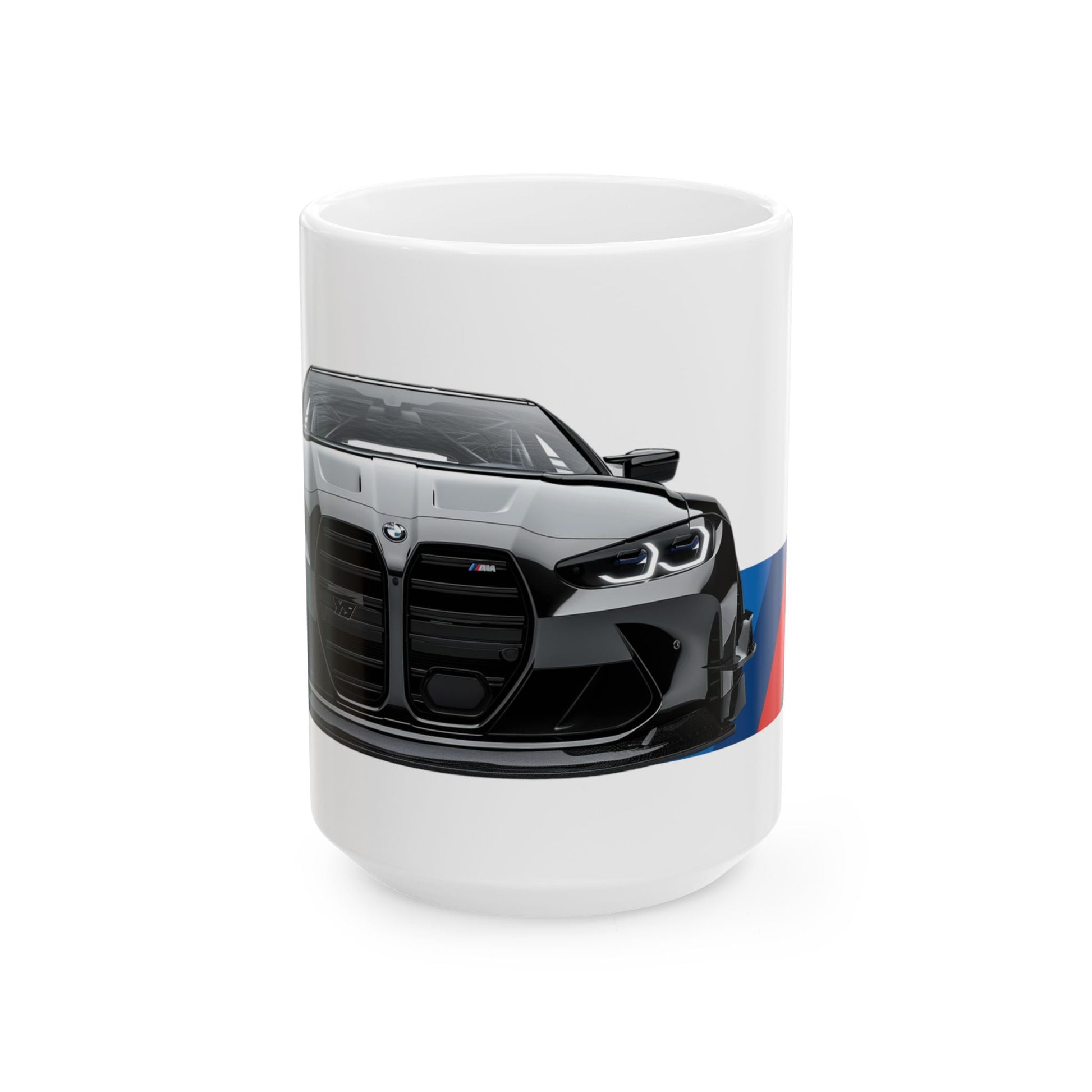 15oz White Coffee Mug with a BMW M4 GTS with the M emblem placed beside the car.   