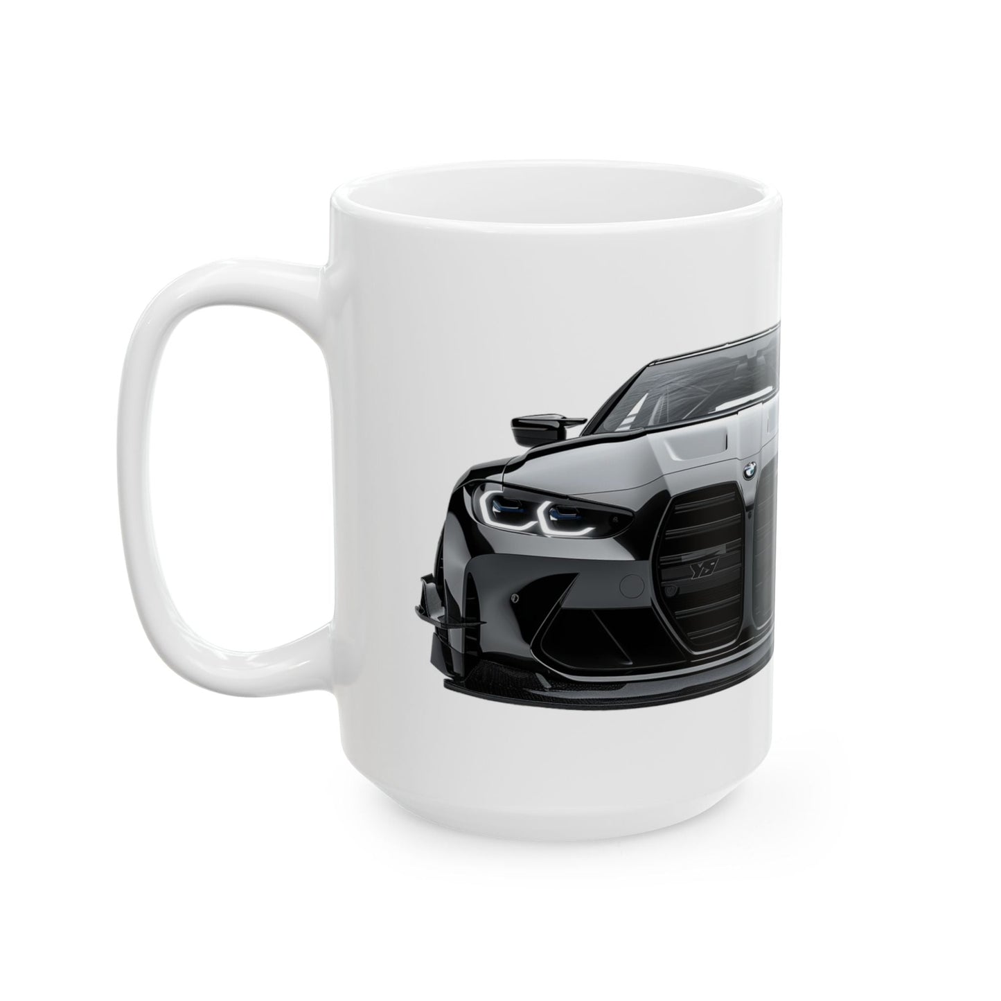 Left side view of the 15oz White Coffee Mug with a BMW M4 GTS with the M emblem placed beside the car.  