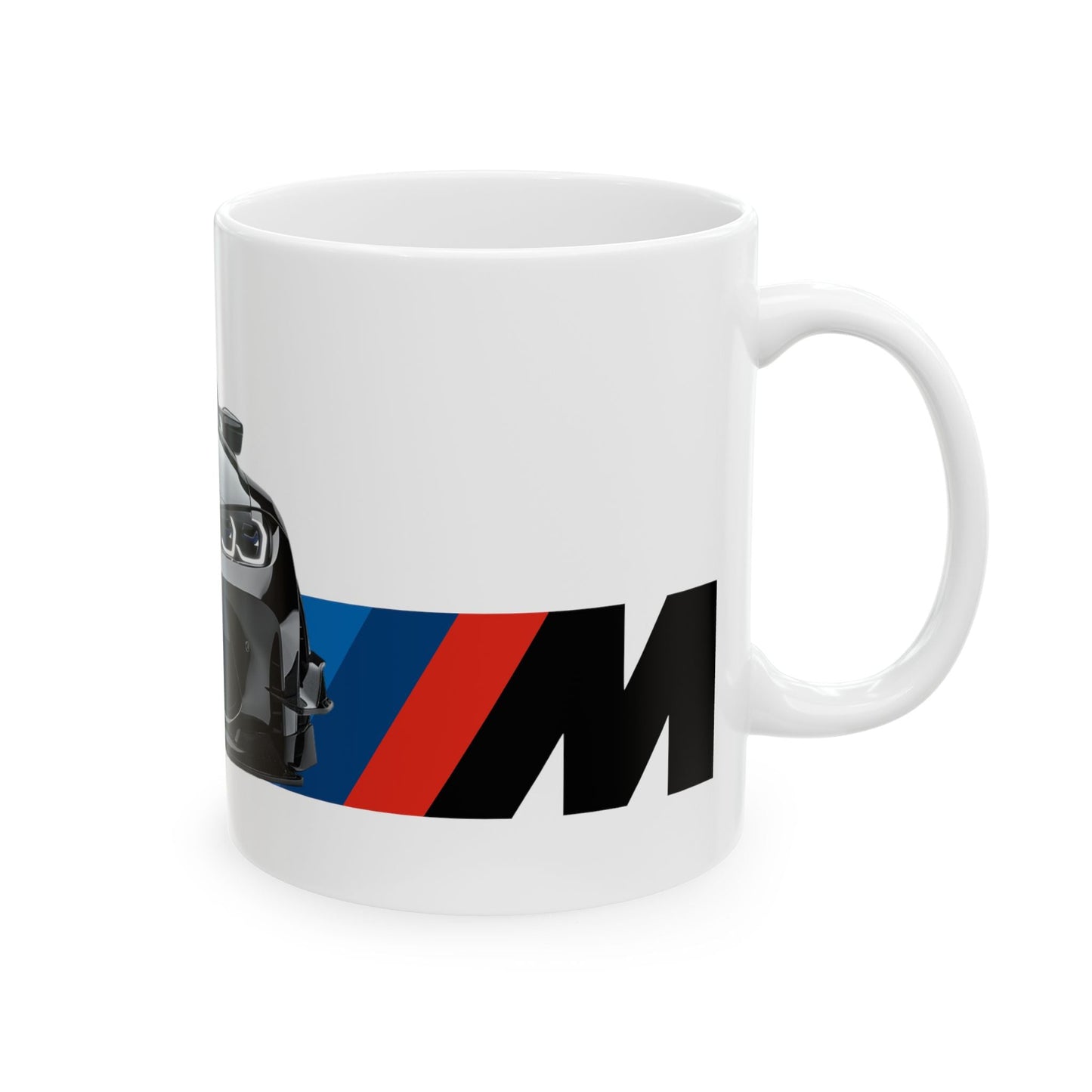 Right view of the 11oz White Coffee Mug with a BMW M4 GTS  with the M emblem placed beside the car.  