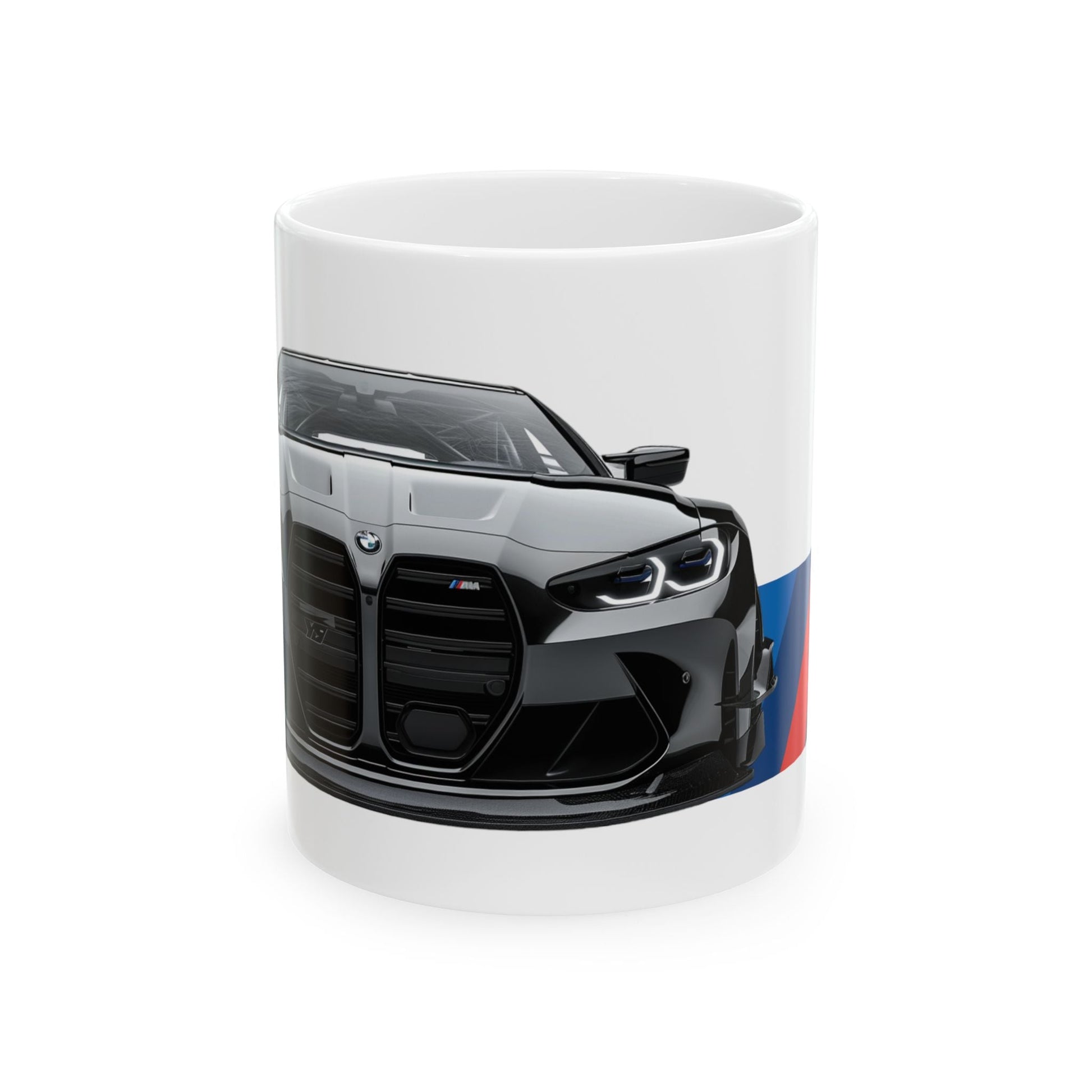 11oz White Coffee Mug with a BMW M4 GTS with the M emblem placed beside the car. 