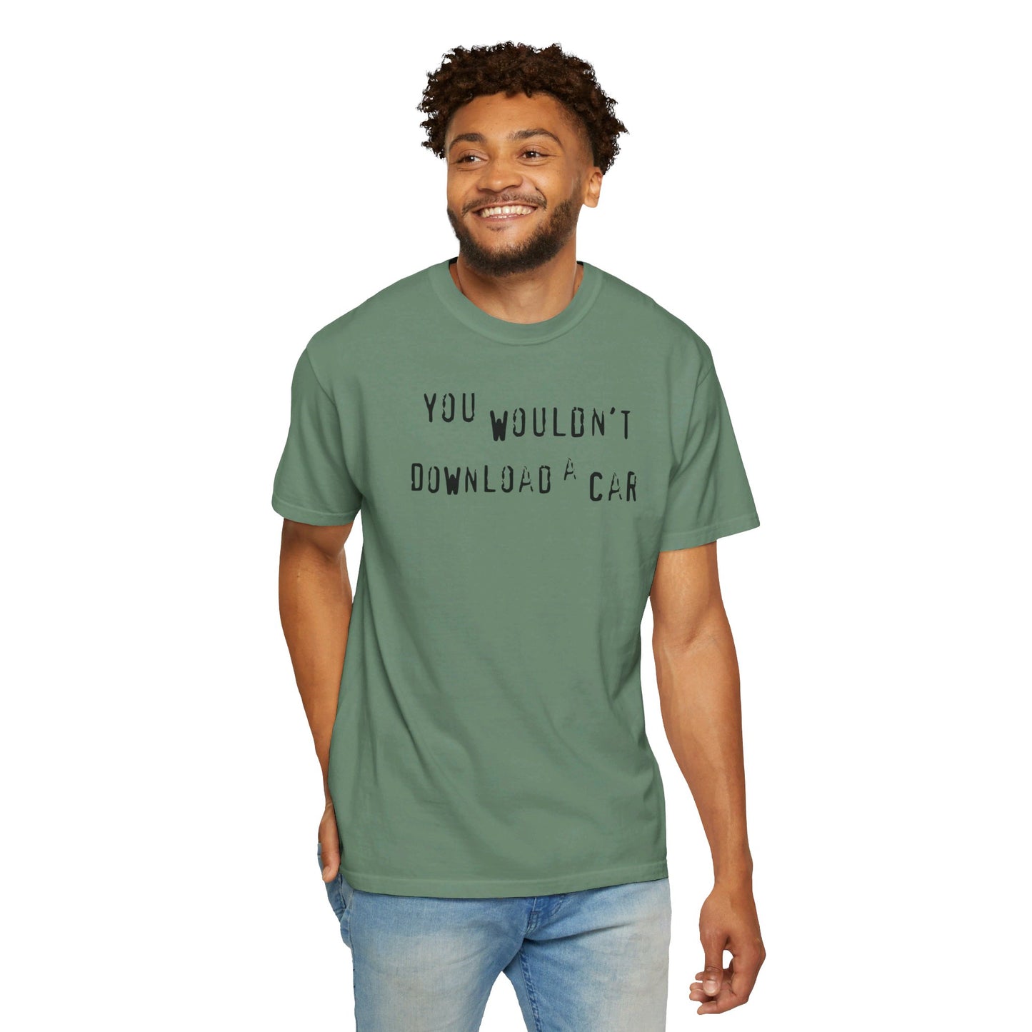 Model wearing green You Wouldn't Download A Car T-shirt