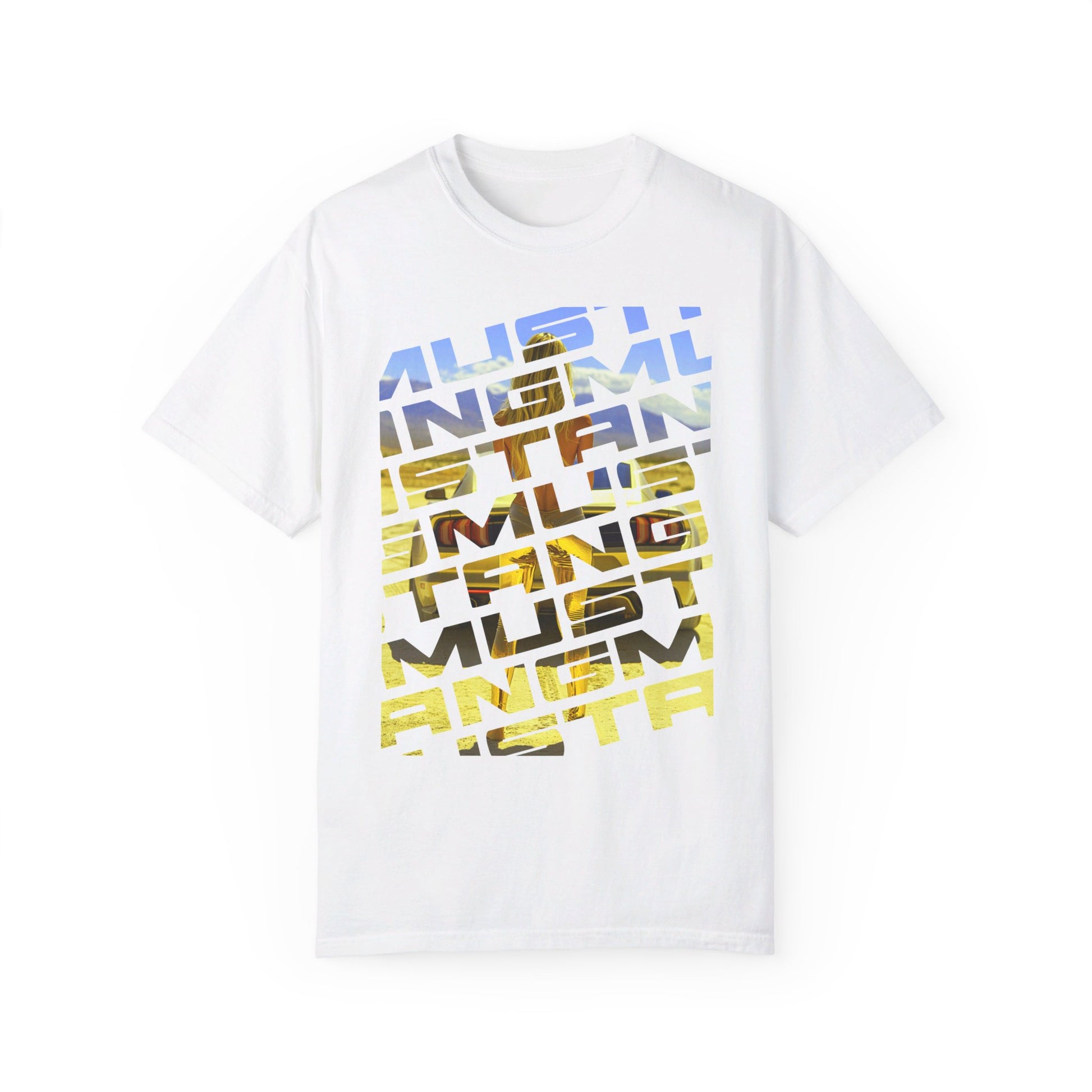 White Mustang Blonde Rear T-shirt with graphic design