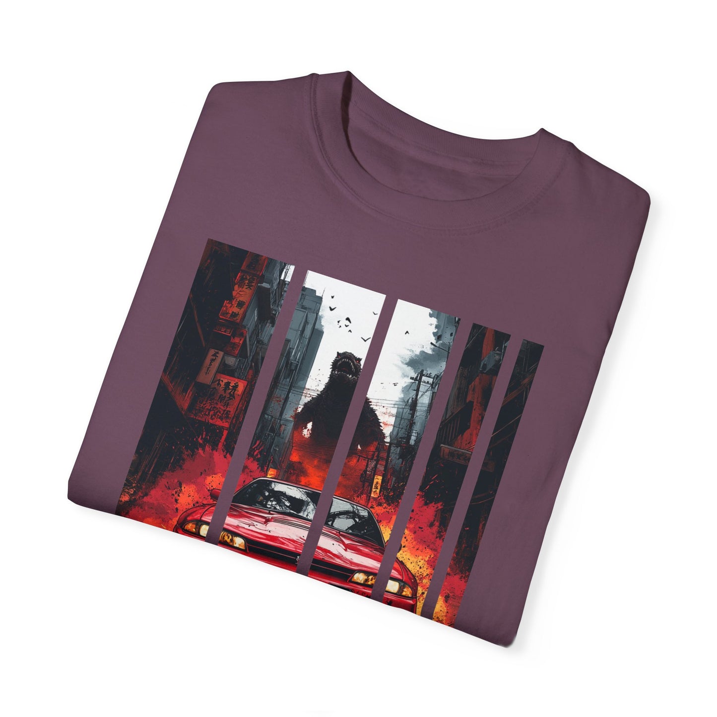 Folded purple Godzilla T-shirt with Nissan GT-R design