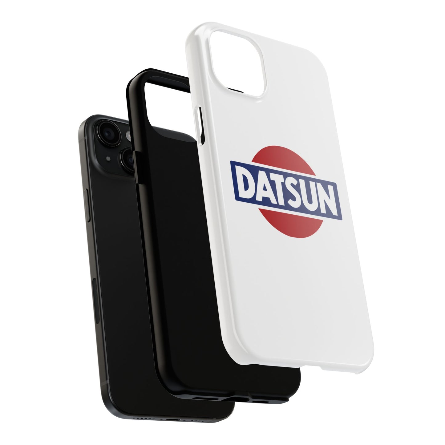 Exploded view of the White iPhone 15 Plus Datsun phone case.