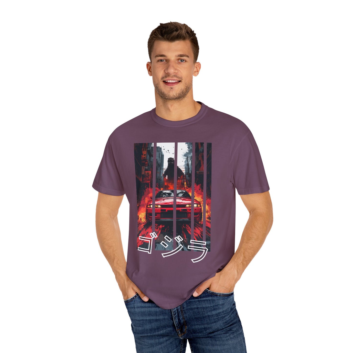 Purple Godzilla T-shirt with Nissan GT-R graphic design