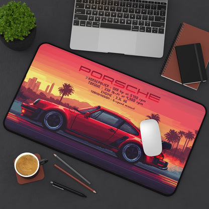 12 inch by 22 inch Porsche 911 Turbo Deskmat on a desk with mouse placed on top