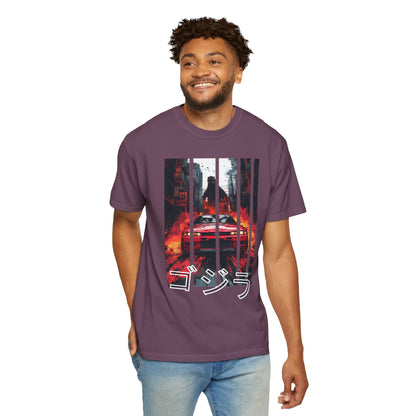 Purple Godzilla T-shirt with Nissan GT-R graphic design