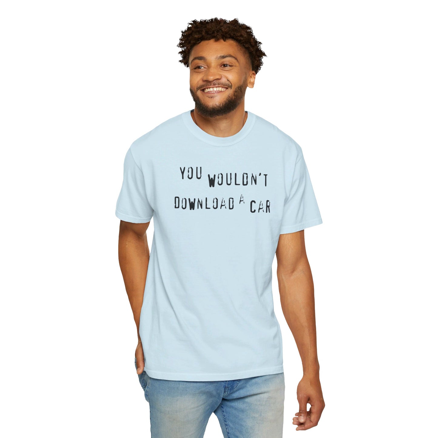 Model wearing light blue You Wouldn't Download A Car T-shirt