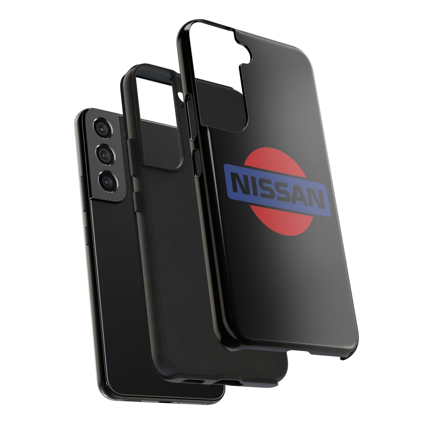 Exploded view of the Black Samsung Galaxy S22 Vintage Nissan phone case.