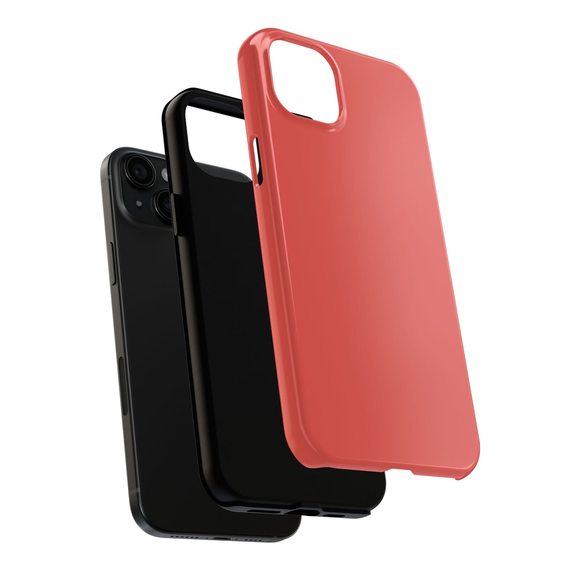 Exploded view of the iPhone 15 Plus BMW Sakhir Orange phone case. 