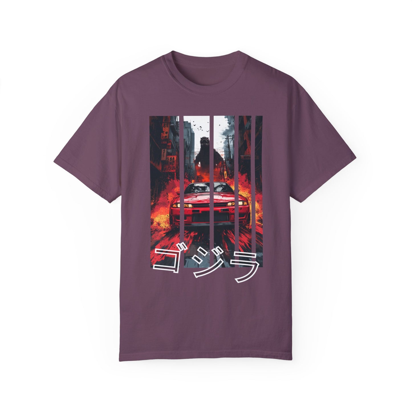 Purple Godzilla T-shirt featuring bold Nissan GT-R print