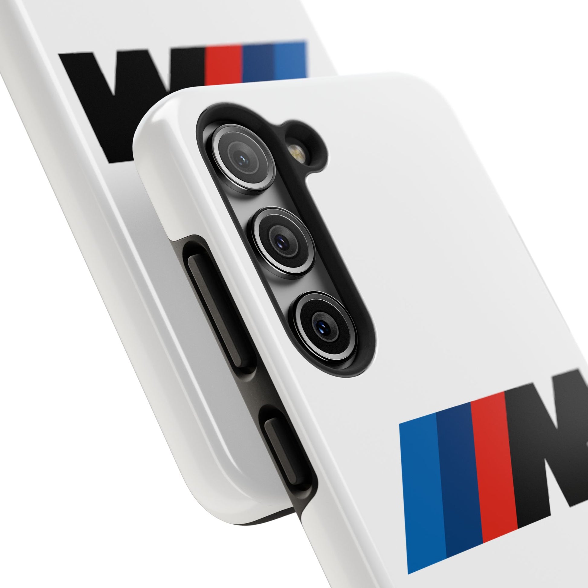 Back view of the White Samsung Galaxy S23 BMW M phone case.