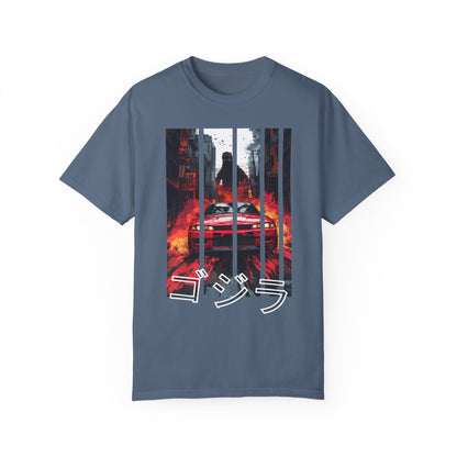 Blue Godzilla T-shirt featuring bold Nissan GT-R print