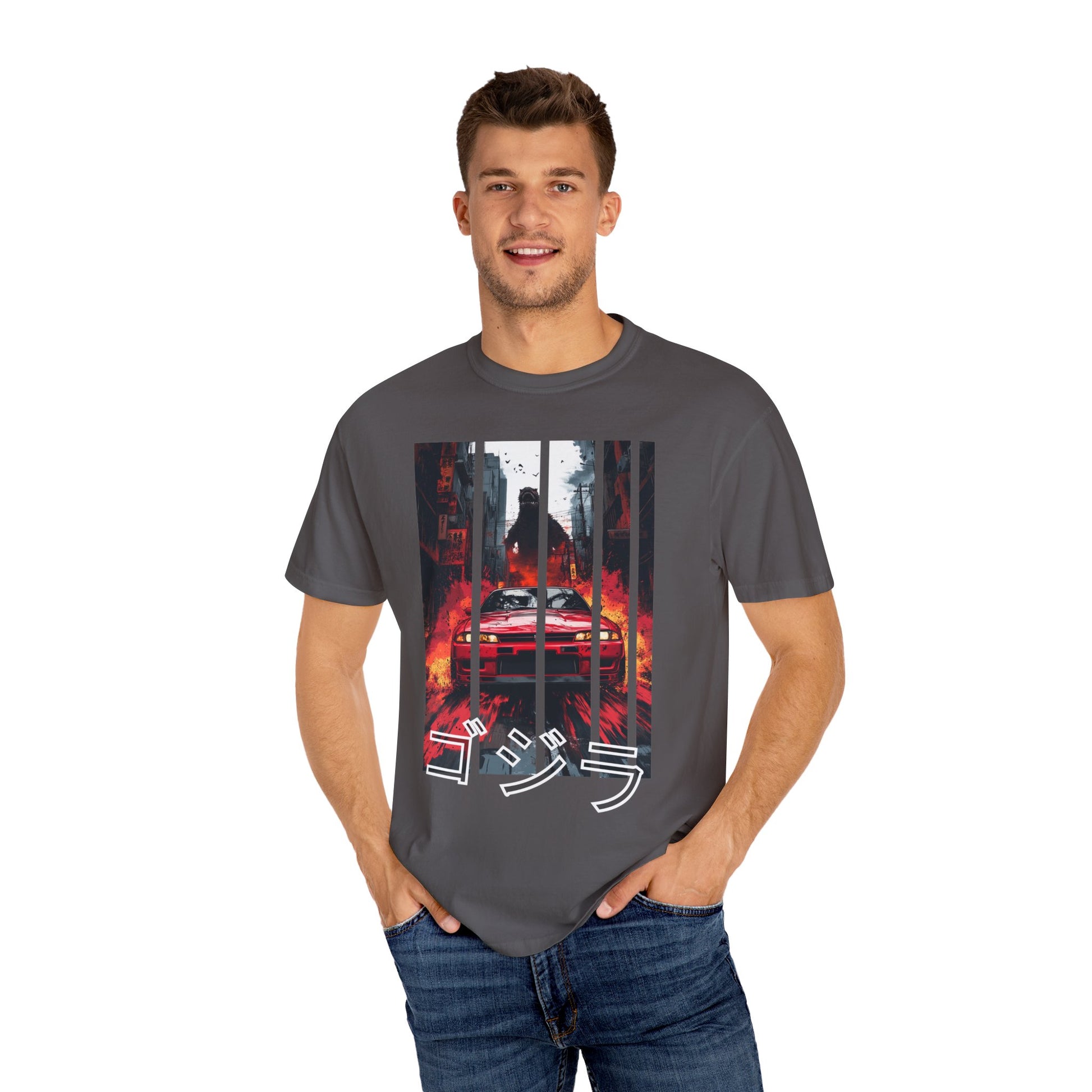 Dark gray Godzilla T-shirt with Nissan GT-R graphic design