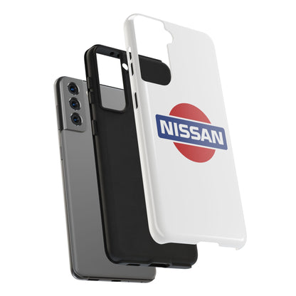 Exploded view of the White Samsung Galaxy S21 Vintage Nissan phone case.